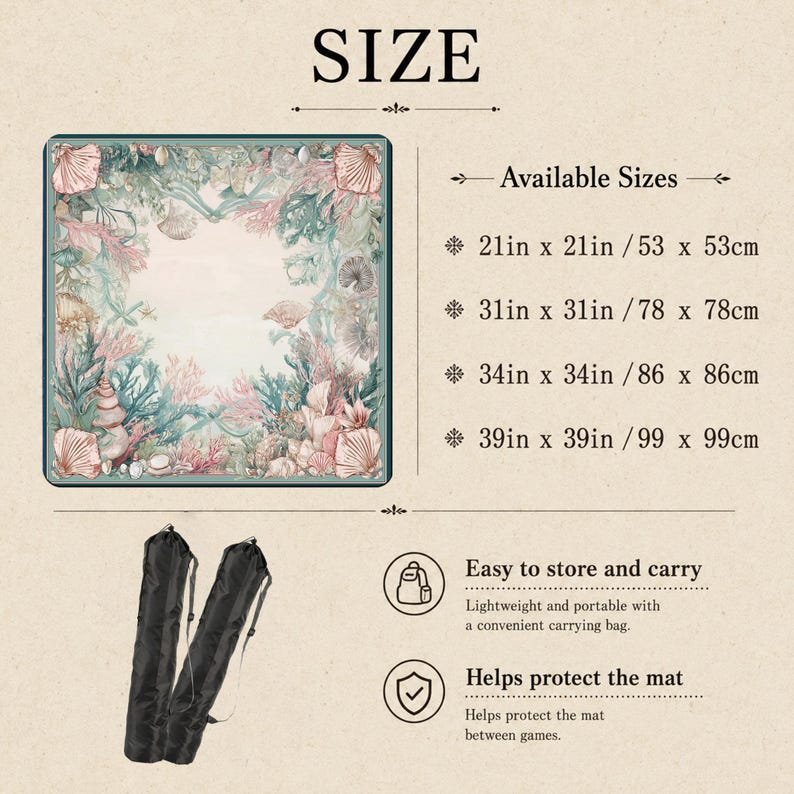 May include: A square mat featuring a coral reef illustration with seashells in pink and teal tones. Text lists sizes: 21in x 21in, 31in x 31in, 34in x 34in, and 39in x 39in. Two black carrying bags are shown with text about storage and protection.