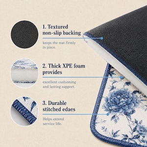 May include: A rectangular floor mat featuring a blue and white floral pattern with a dark blue stitched border. The image includes three circular callouts highlighting a textured non-slip backing, a thick XPE foam core, and durable stitched edges.
