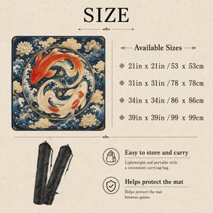 May include: A square mat featuring a circular design of two koi fish in orange and white, surrounded by blue waves and gold clouds. Text lists sizes: 21in x 21in, 31in x 31in, 34in x 34in, and 39in x 39in. Includes two black carrying bags for storage.