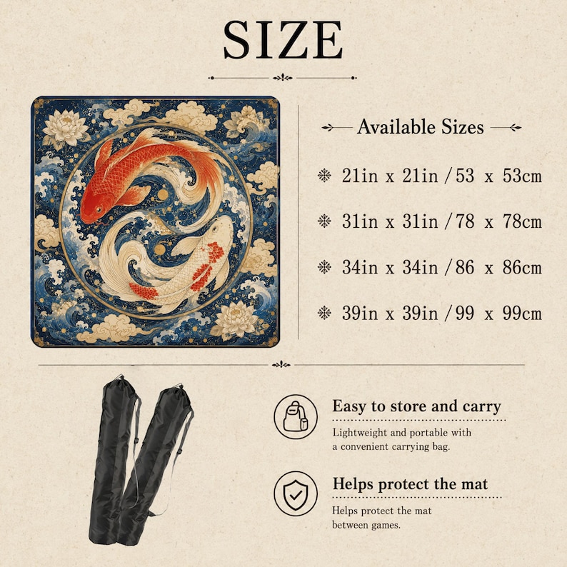 May include: A square mat featuring a circular design of two koi fish in orange and white, surrounded by blue waves and gold clouds. Text lists sizes: 21in x 21in, 31in x 31in, 34in x 34in, and 39in x 39in. Includes two black carrying bags for storage.