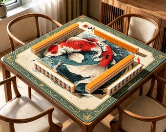 Tapis de mahjong koi encre, revêtement de table de jeu de société asiatique brosse vague, tapis de jeu de société jacquard antidérapant, cadeau de mahjong koi rouge