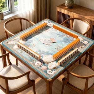 May include: A square wooden table with four chairs, featuring a blue tabletop mat decorated with seashell and coral illustrations. Four rows of orange-backed mahjong tiles are arranged in a square, with a small cluster of playing cards in the center.