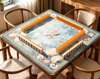 Coastal Seashell Mahjong Mat, Ocean Coral Game Table Cover, Non Slip Jacquard Mahjong Mat, Beach Style Board Game Gift
