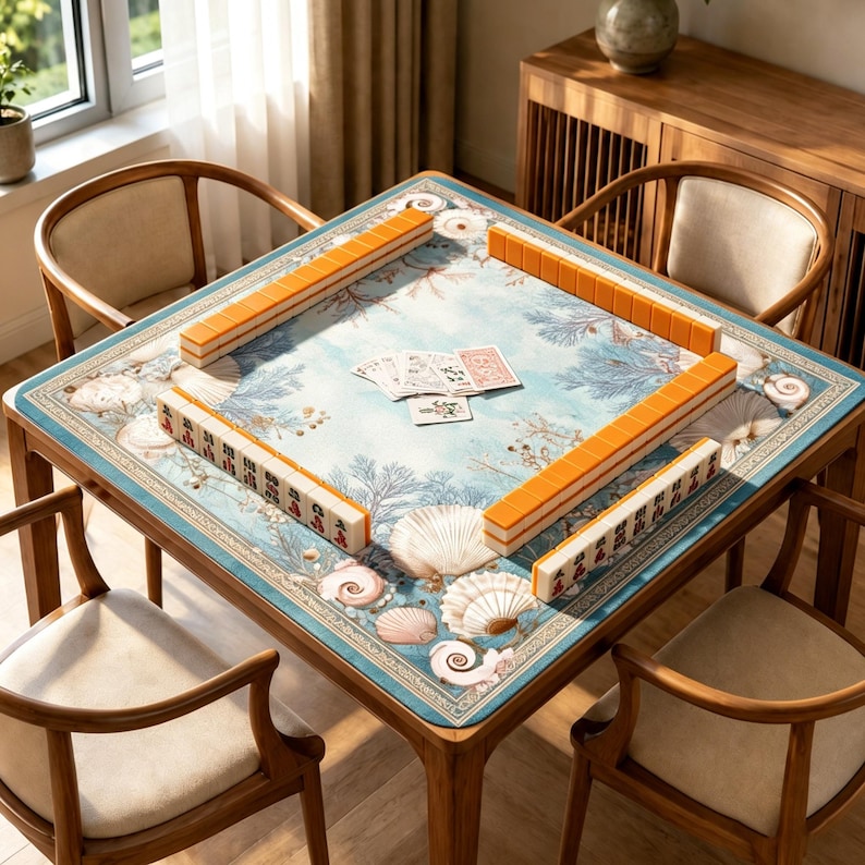 May include: A square wooden table with four chairs, featuring a blue tabletop mat decorated with seashell and coral illustrations. Four rows of orange-backed mahjong tiles are arranged in a square, with a small cluster of playing cards in the center.
