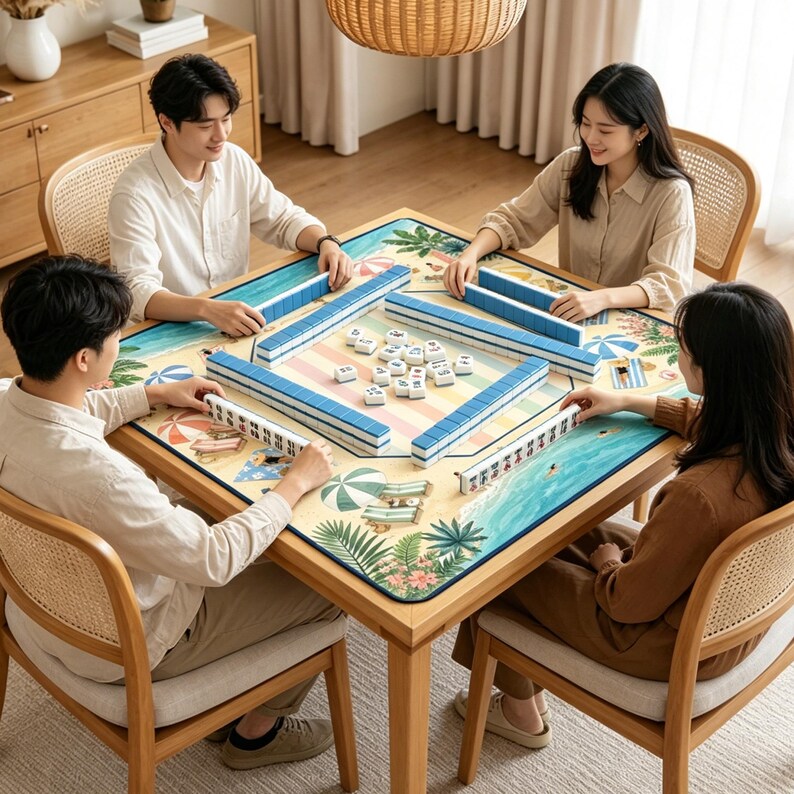 May include: A square wooden table featuring a mahjong game set with blue and white tiles arranged in rows and a central pile. The table surface is covered by a mat with a colorful beach-themed print showing palm leaves, umbrellas, and sand.
