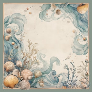Op de afbeelding: Vierkant kunstwerk met een aquarelontwerp van oceaangolven, schelpen en koraal in tinten blauw, beige en goud. Het kunstwerk heeft een gouden rand en een vintage esthetiek, wat een kustthema oproept.