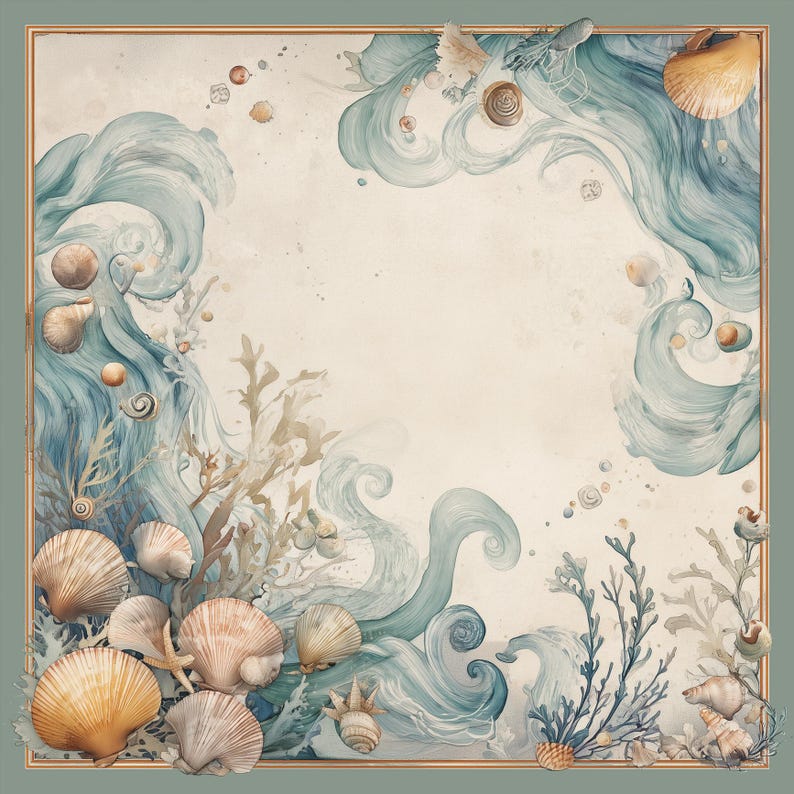 Op de afbeelding: Vierkant kunstwerk met een aquarelontwerp van oceaangolven, schelpen en koraal in tinten blauw, beige en goud. Het kunstwerk heeft een gouden rand en een vintage esthetiek, wat een kustthema oproept.