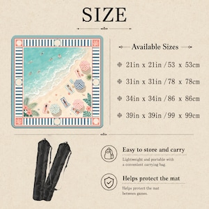 May include: A square beach-themed mat featuring a sandy shore, ocean waves, and colorful umbrellas, bordered by a blue and white striped frame. Available sizes include 21in x 21in, 31in x 31in, 34in x 34in, and 39in x 39in, with a black carrying bag.