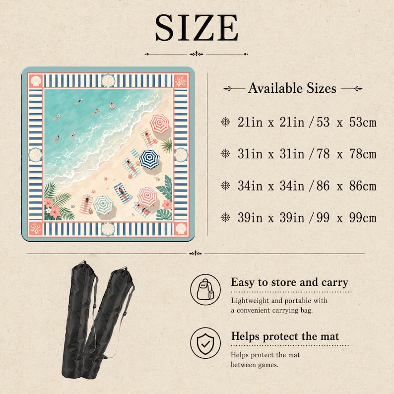 May include: A square beach-themed mat featuring a sandy shore, ocean waves, and colorful umbrellas, bordered by a blue and white striped frame. Available sizes include 21in x 21in, 31in x 31in, 34in x 34in, and 39in x 39in, with a black carrying bag.