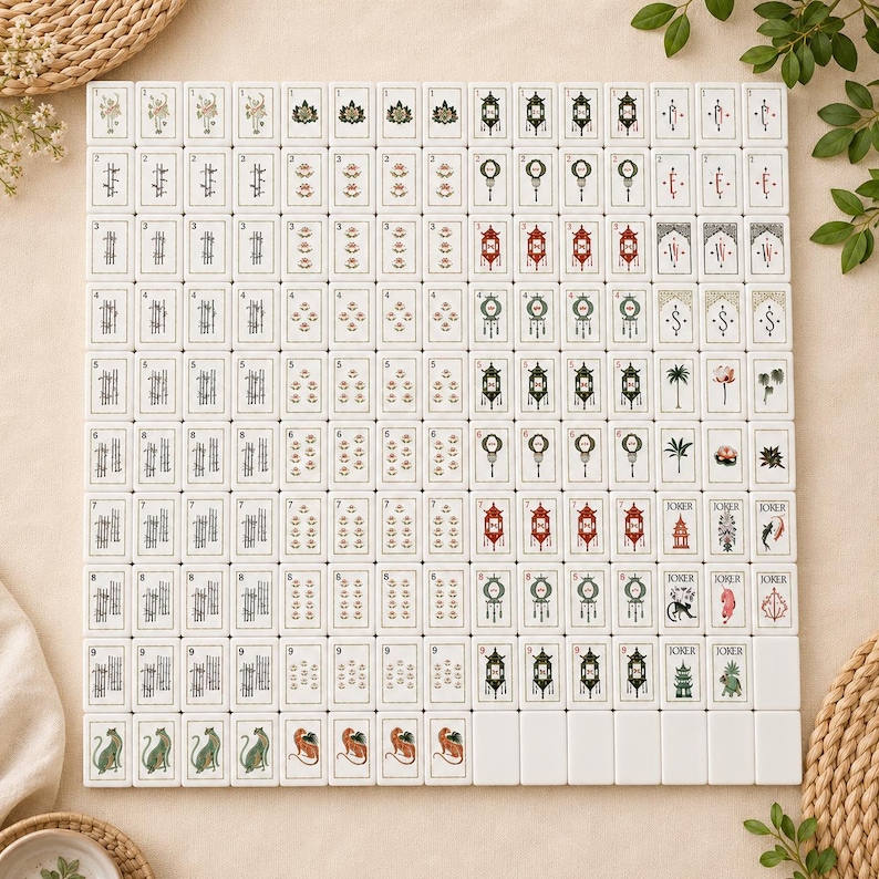 Pu&ograve; includere: Un set completo di tessere bianche da mahjong disposte in una griglia, con varie illustrazioni tra cui steli di bamb&ugrave;, motivi floreali, lanterne, punti cardinali e tessere jolly con colorate raffigurazioni di animali e strutture.