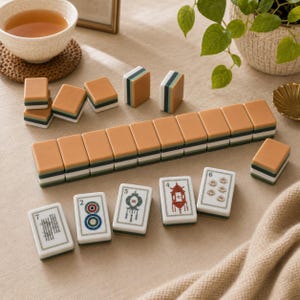 Pu&ograve; includere: Un set di tessere rettangolari da mahjong con una superficie superiore color marrone chiaro e una base a strati verde e bianca. Diverse tessere sono disposte in una fila orizzontale, mentre altre sono rivolte verso l'alto con illustrazioni.