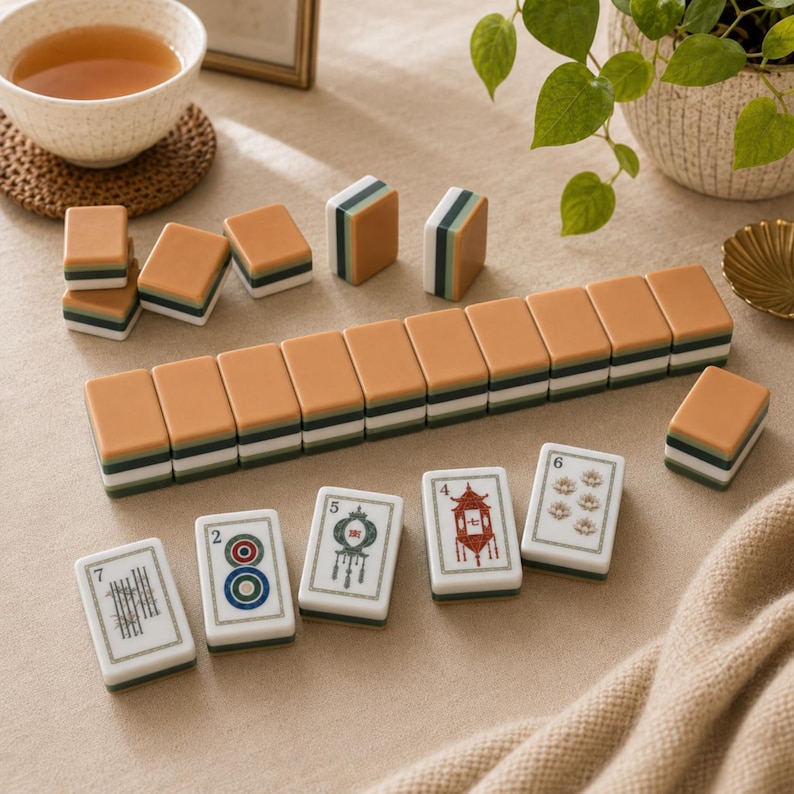Pu&ograve; includere: Un set di tessere rettangolari da mahjong con una superficie superiore color marrone chiaro e una base a strati verde e bianca. Diverse tessere sono disposte in una fila orizzontale, mentre altre sono rivolte verso l'alto con illustrazioni.