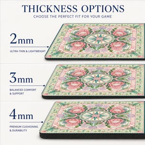 May include: A rectangular mouse pad featuring a central compass rose surrounded by pink protea flowers and a green border with small lighthouse icons. The image displays three thickness options: 2mm, 3mm, and 4mm, labeled with their respective features.