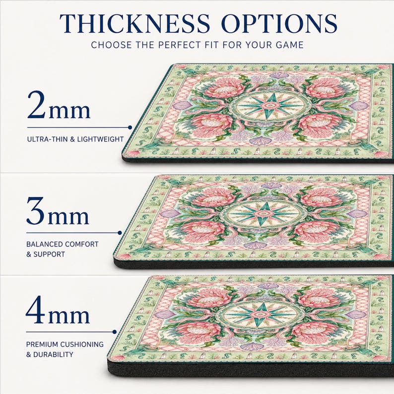 May include: A rectangular mouse pad featuring a central compass rose surrounded by pink protea flowers and a green border with small lighthouse icons. The image displays three thickness options: 2mm, 3mm, and 4mm, labeled with their respective features.