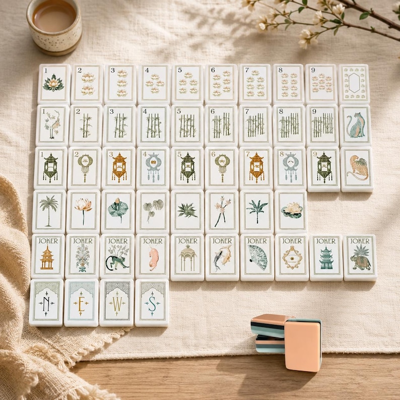 Pu&ograve; includere: Un set di tessere rettangolari da mahjong disposte in una griglia su una superficie in tessuto testurizzato. Le tessere bianche presentano varie illustrazioni tra cui fiori di loto, steli di bamb&ugrave;, lanterne e animali. Quattro tessere in basso mostrano le lettere N, E, W, S.