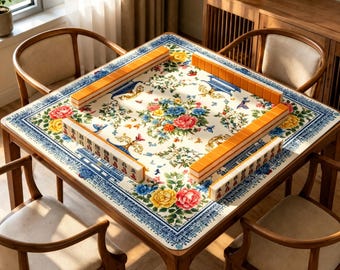 Chinoiserie Mahjong Mat, Blue Porcelain Floral Game Mat, Oriental Peony Table Mat, Non Slip Mahjong Gift for Game Night