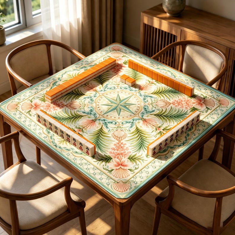 May include: A square wooden game table featuring a patterned mat with a central compass rose, palm fronds, and seashell motifs in shades of green and pink. Several orange and white mahjong tiles are arranged in rows on the table surface.
