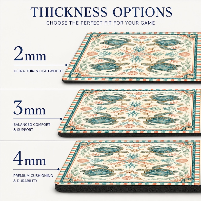 Puede incluir: Tres alfombrillas de rat&oacute;n cuadradas con un patr&oacute;n de tortugas marinas y corales, mostradas en opciones de grosor de 2mm, 3mm y 4mm. El texto dice THICKNESS OPTIONS, CHOOSE THE PERFECT FIT FOR YOUR GAME, ULTRA-THIN & LIGHTWEIGHT, BALANCED COMFORT & SUPPORT y PREMIUM CUSHIONING & DURABILITY.