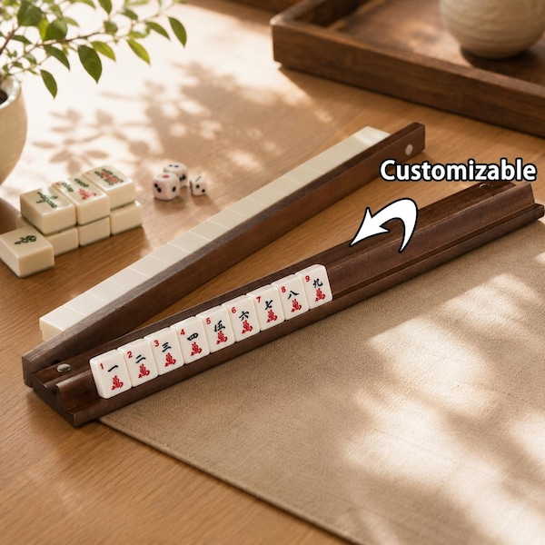 A set of 4 wooden mahjong tiles, with a magnetic tile pusher; mahjong tile holder, domino holder, game card storage rack.