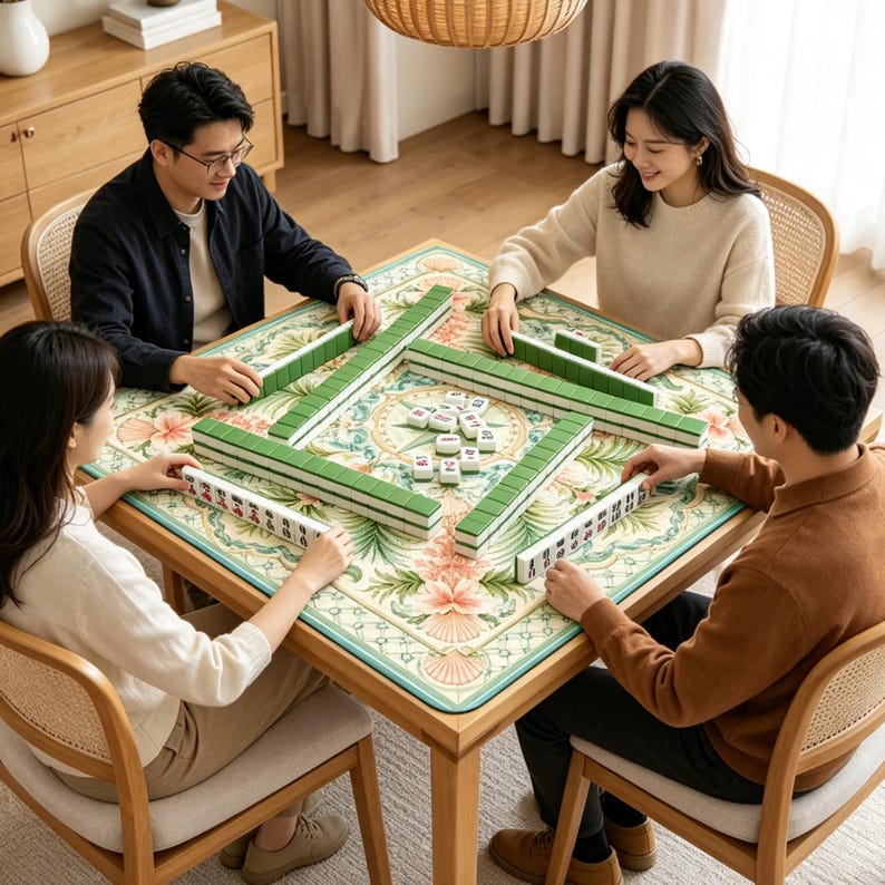May include: A square mahjong table featuring a light-colored wooden frame and a patterned fabric mat with green, pink, and cream floral and shell motifs. The table is set with green mahjong tiles arranged in four rows and a central pile of white tiles.