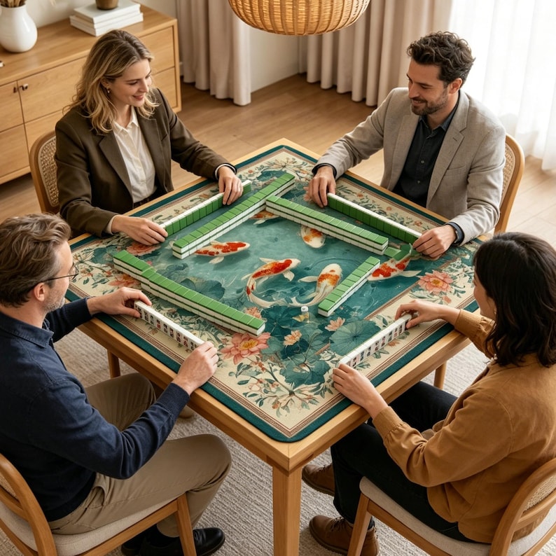 May include: Four people playing mahjong around a wooden table. The table features a floral and koi carp design. Green and white mahjong tiles are laid out. The players are seated, engaged in the game.