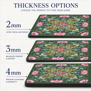 May include: Three rectangular mouse pads with a dark green background and a repeating pink floral pattern. The image displays thickness options of 2mm, 3mm, and 4mm, labeled with the text THICKNESS OPTIONS, CHOOSE THE PERFECT FIT FOR YOUR GAME.