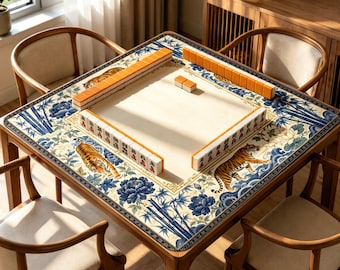 Tiger Mahjong Mat, Blue Chinoiserie Floral Game Table Cover, Non Slip Jacquard Board Game Mat, Oriental Animal Mahjong Gift