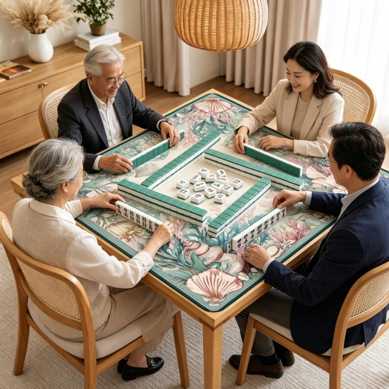 May include: A square mahjong table featuring a green felt mat with a detailed seashell and coral pattern. The table is set with white mahjong tiles arranged in rows and a central cluster, providing a surface for the game to be played by four people.
