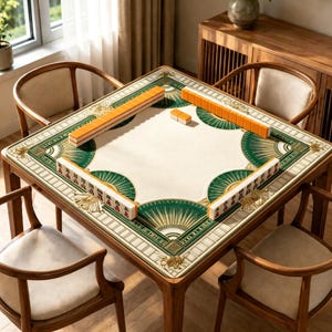 Peut inclure: Une table de jeu carrée en bois avec quatre chaises assorties, dotée d'une surface en feutre crème avec des motifs en éventail verts et dorés aux coins. Des tuiles de mah-jong orange et blanches sont disposées le long des bords.
