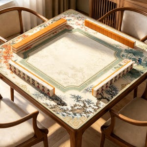 May include: A square mahjong table featuring a cream-coloured mat with a printed landscape design of trees, flowers, and birds. Four rows of orange-backed mahjong tiles are arranged along the edges of the table, with wooden chairs positioned around.