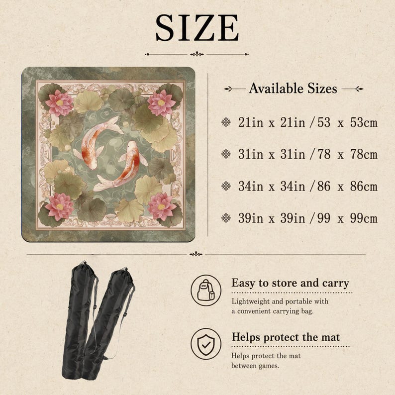 May include: A square mat featuring two koi fish and pink lotus flowers on a green background. Text lists sizes: 21in x 21in, 31in x 31in, 34in x 34in, and 39in x 39in. Two black carrying bags are shown below with text about storage and protection.