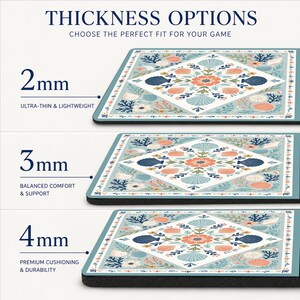 May include: Three square mouse pads with a blue, white, and coral seashell and floral pattern. The image displays thickness options of 2mm, 3mm, and 4mm, labeled with text including 'THICKNESS OPTIONS', 'ULTRA-THIN & LIGHTWEIGHT', 'BALANCED COMFORT & SUPPORT', and 'PREMIUM CUSHIONING & DURABILITY'.