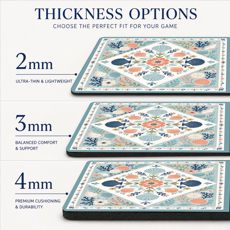 May include: Three square mouse pads with a blue, white, and coral seashell and floral pattern. The image displays thickness options of 2mm, 3mm, and 4mm, labeled with text including 'THICKNESS OPTIONS', 'ULTRA-THIN & LIGHTWEIGHT', 'BALANCED COMFORT & SUPPORT', and 'PREMIUM CUSHIONING & DURABILITY'.