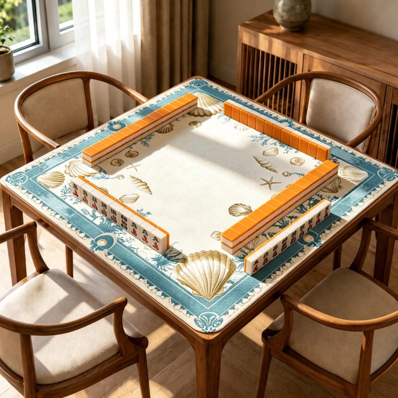 Peut inclure: Table de mahjong en bois avec une surface de jeu cr&egrave;me, bord&eacute;e d'un motif bleu avec des coquillages et des &eacute;toiles de mer. Des supports &agrave; tuiles de mahjong orange sont dispos&eacute;s autour de la table. Quatre chaises en bois entourent la table.