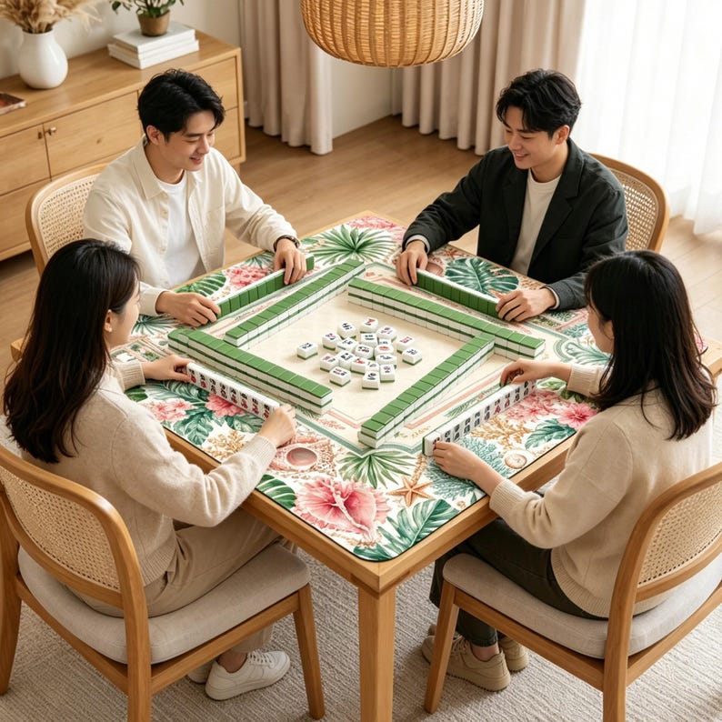May include: A square wooden table featuring a mahjong set with green tiles and a central pile of white tiles. The table surface is covered by a mat decorated with a colorful tropical floral and seashell pattern in shades of pink and green.