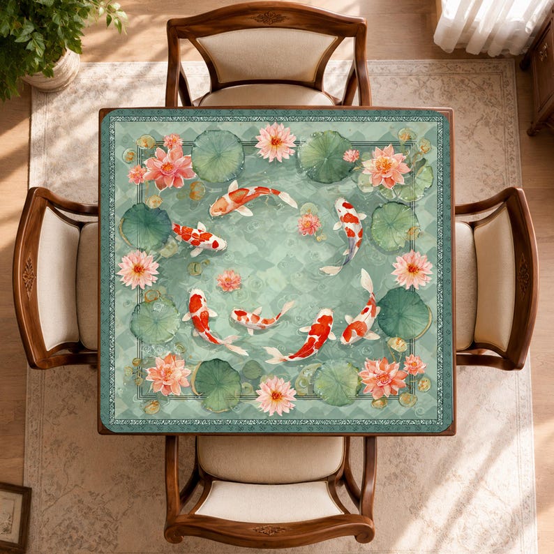 Pu&ograve; includere: Un tavolo quadrato con un design decorativo a laghetto di carpe koi. Il tavolo &egrave; circondato da quattro sedie in legno con cuscini color crema. La superficie del tavolo presenta carpe koi, fiori di loto e foglie di ninfea nei toni del rosso, rosa e verde.