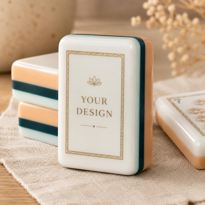 Pu&ograve; includere: Una tessera rettangolare da mahjong con una faccia bianca che presenta un'icona di loto color oro, il testo "YOUR DESIGN" in oro e un bordo dorato. La tessera ha lati a strati nei colori bianco, verde ottanio scuro e pesca, finitura liscia.