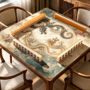 May include: A square mahjong table featuring a printed surface with a large circular design of two dragons in shades of cream, blue, and red. Four rows of orange and white mahjong tiles are arranged along the edges of the table surface.