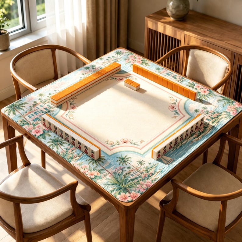 May include: A square wooden table with four chairs featuring a mahjong mat with a tropical floral and palm tree print. The mat has a cream center and is surrounded by rows of orange and white mahjong tiles arranged along the edges of the table.