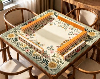 植物柄麻雀マット、ヴィンテージガーデンゲームテーブルマット、滑り止め麻雀テーブルカバー、セージグリーンボードゲームギフト