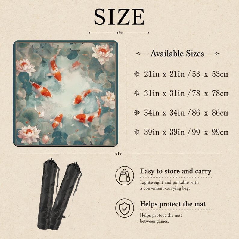 Peut inclure: Un tapis carr&eacute; avec un motif de poissons ko&iuml; et de fleurs de lotus dans des tons orange, blanc et bleu sarcelle. Le texte indique des tailles disponibles de 53cm x 53cm &agrave; 99cm x 99cm. Deux sacs de transport noirs sont illustr&eacute;s avec des ic&ocirc;nes.