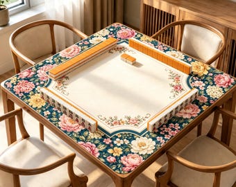 Vintage Floral Mahjong Mat, Dark Teal Garden Game Table Cover, Non Slip Jacquard Board Game Mat, Romantic Mahjong Gift