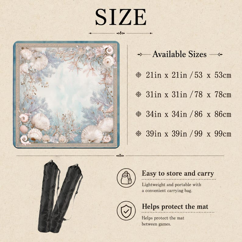 May include: A square mat featuring a light blue and white seashell and coral pattern. Text lists available sizes: 21in x 21in, 31in x 31in, 34in x 34in, and 39in x 39in. Two black carrying bags are shown with text noting they are easy to store.