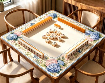 Blue Hydrangea Mahjong Mat, Chinoiserie Bird Floral Game Mat, Pagoda Mahjong Table Mat, Grandmillennial Gift for Game Night