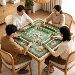Pu&ograve; includere: Quattro persone giocano a Mahjong su un tavolo di legno. La superficie di gioco verde presenta un design floreale e di pesci koi. Le tessere del Mahjong sono bianche e verdi. I giocatori sono seduti su sedie di legno.