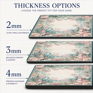 May include: A rectangular desk mat featuring a coral reef illustration with shells and sea plants in shades of pink and teal. The image displays three thickness options labeled 2mm, 3mm, and 4mm, with text reading THICKNESS OPTIONS and CHOOSE THE PERFECT FIT FOR YOUR GAME.