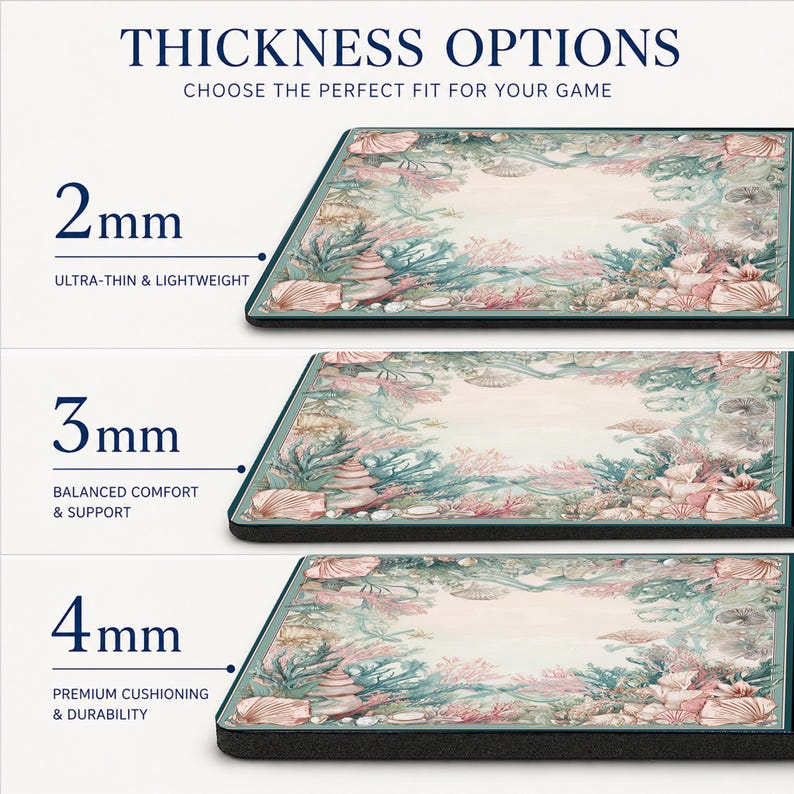 May include: A rectangular desk mat featuring a coral reef illustration with shells and sea plants in shades of pink and teal. The image displays three thickness options labeled 2mm, 3mm, and 4mm, with text reading THICKNESS OPTIONS and CHOOSE THE PERFECT FIT FOR YOUR GAME.