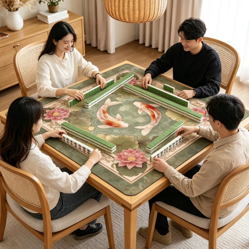May include: A square mahjong table with a green felt mat featuring a printed design of two koi fish and pink lotus flowers. The table is surrounded by four wooden chairs with cane backrests, and the surface holds rows of green and white tiles.