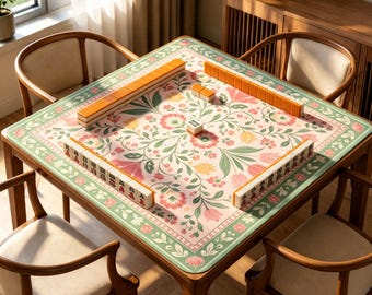 Pastel Floral Mahjong Mat, Cottagecore Folk Art Mahjong Table Mat, Pink and Sage Green Game Mat, Non Slip Mah Jongg Gift for Her
