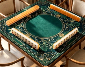 Könnte beinhalten: Ein quadratischer Mahjong-Tisch aus Holz mit einer dunkelgrünen Filzoberfläche, die mit goldenen und blaugrünen Pflanzenmustern verziert ist. Vier Reihen rechteckiger Mahjong-Steine liegen an den Tischkanten, mit den orangefarbenen Rückseiten nach außen.